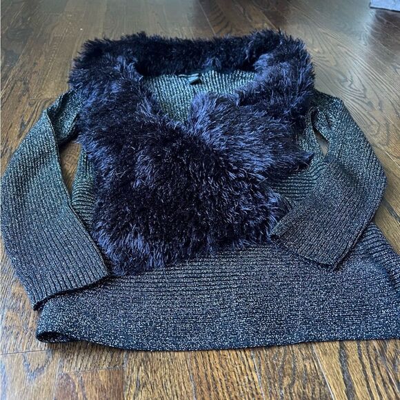 Lauren Michelle Metallic Silver Faux Fur Open Front Sweater Jacket Dressy Sz S - Picture 2 of 6